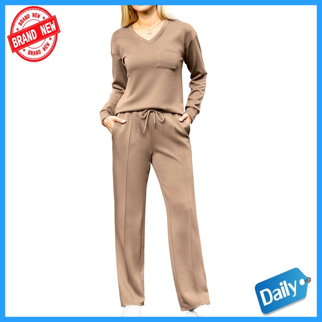 Women's 2 Piece Lounge Set V-Neck Top Wide Leg Pants Matching Outfit